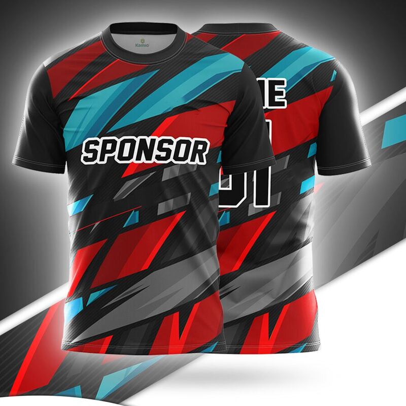 KO:M3 round neck jersey design in black, red, teal, grey, front and back