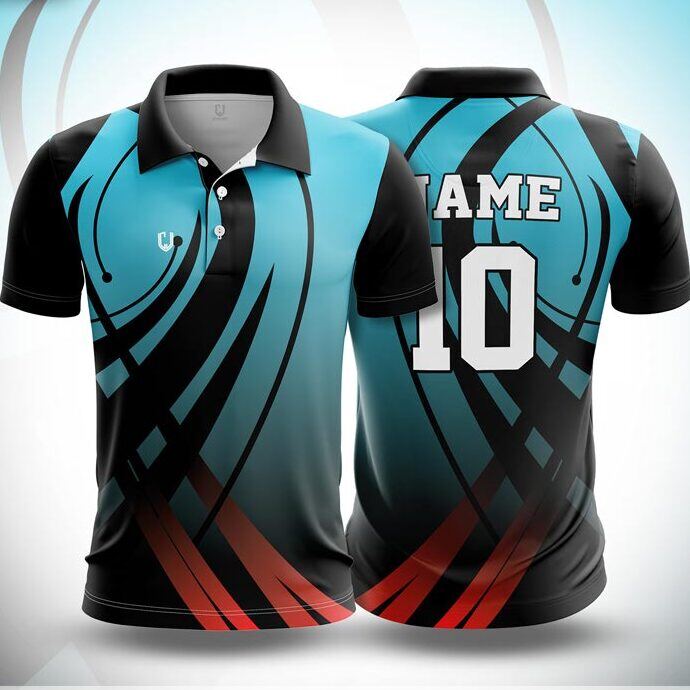 CJ25-21 polo neck jersey design in turquoise fading to black, red, front and back
