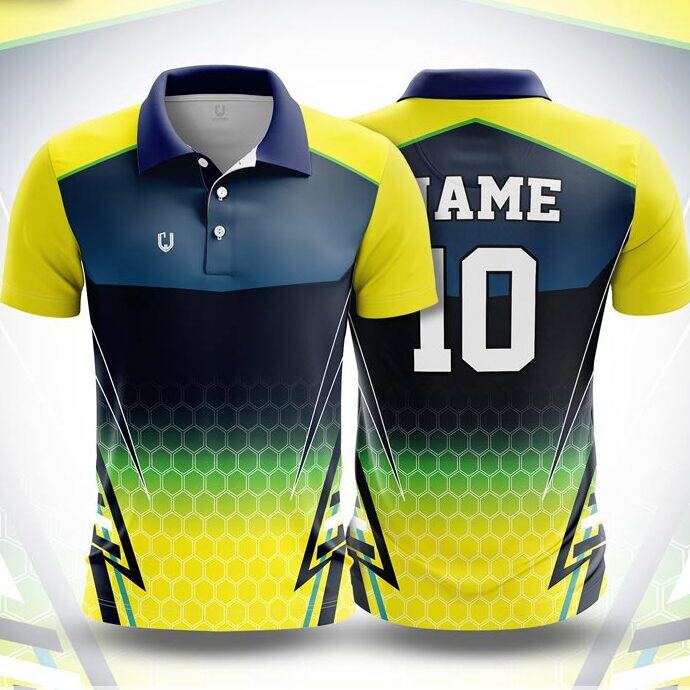 CJ25-59 polo neck jersey design in navy, yellow, green, front and back