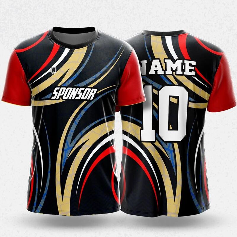 MR24-19R round neck jersey design in black, gold, red, blue, front and back