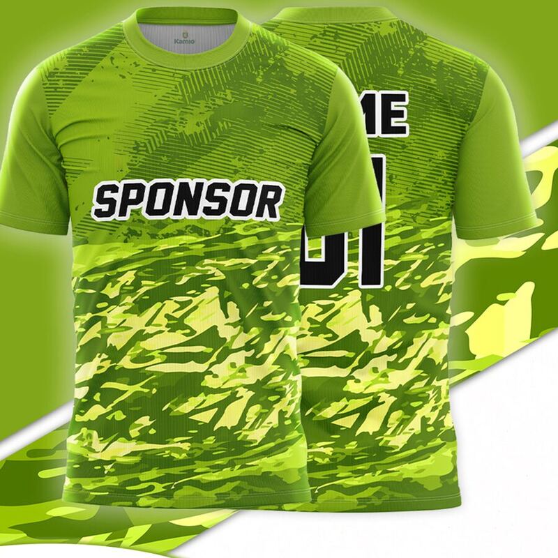 KO:M2 round neck jersey design in lime green, pale yellow, front and back