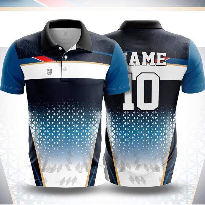 CJ25-29 polo neck jersey design in navy, white, blue, gold, front and back