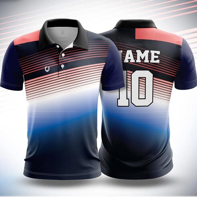 CJ25-32 polo neck jersey design in navy, white, blue, coral, front and back