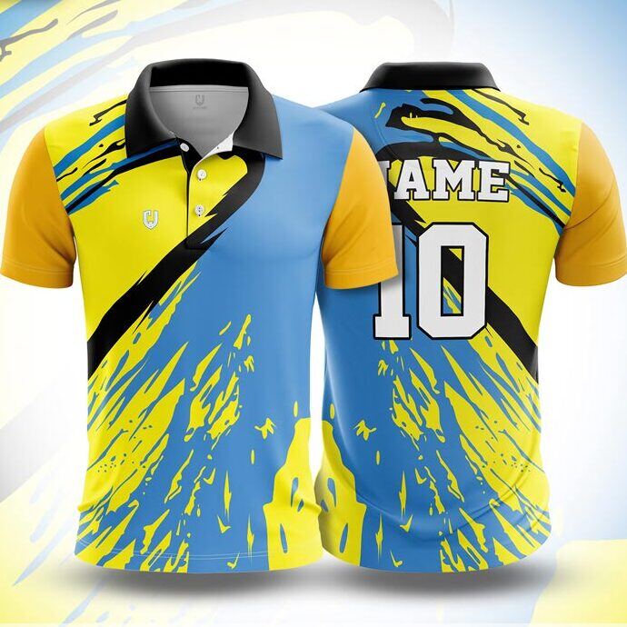 CJ25-52 polo neck jersey design in yellow, sky blue, black, front and back