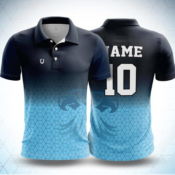CJ25-2 polo neck jersey design in navy fading to sky blue, front and back