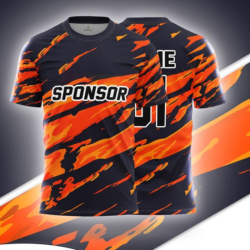 KO:M13 round neck jersey design in navy, orange, front and back