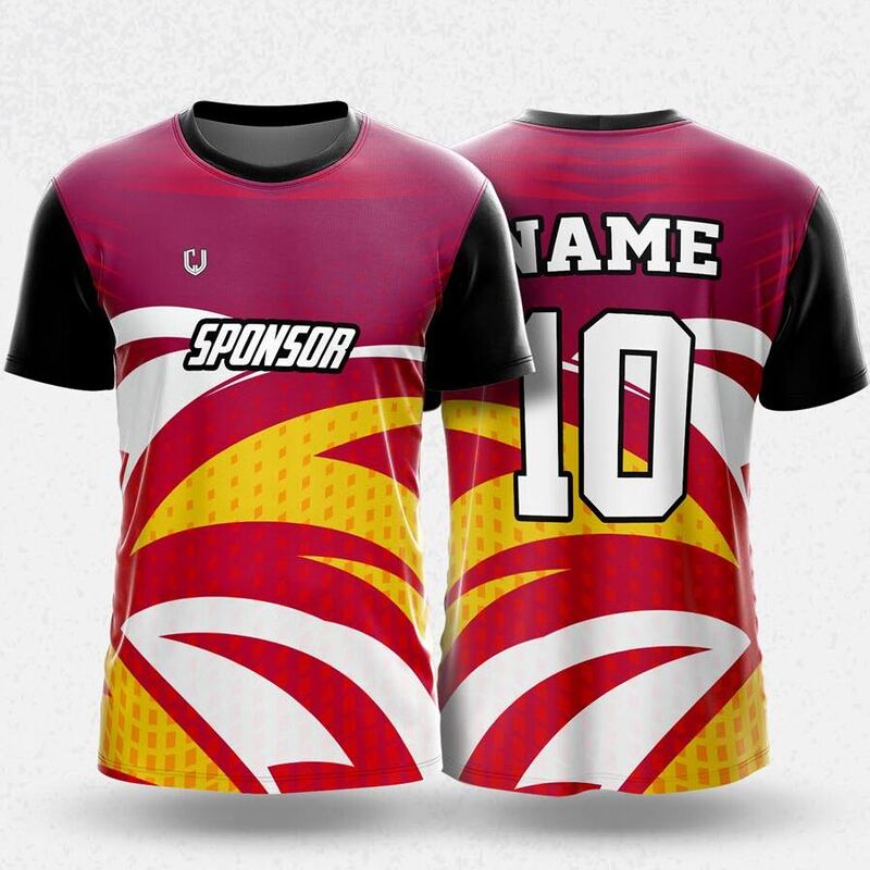 MR24-43R round neck jersey design in maroon, yellow, white, red, front and back