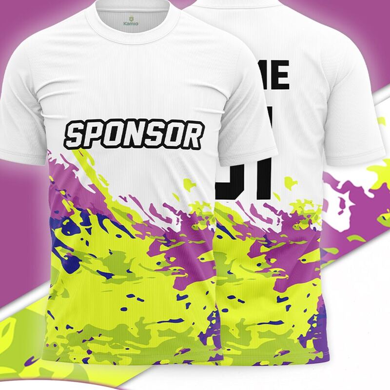 KO:M6 round neck jersey design in white, neon yellow, purple, front and back