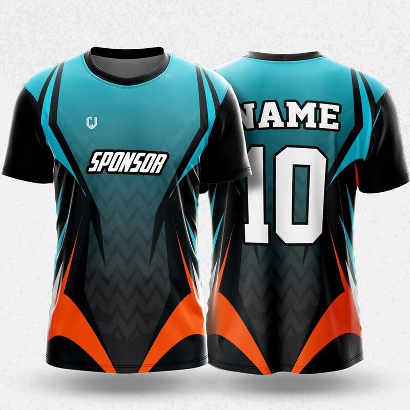 MR24-44R round neck jersey design in teal, black, orange, front and back