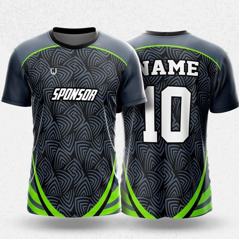 MR24-80R round neck jersey design in charcoal, neon green, front and back