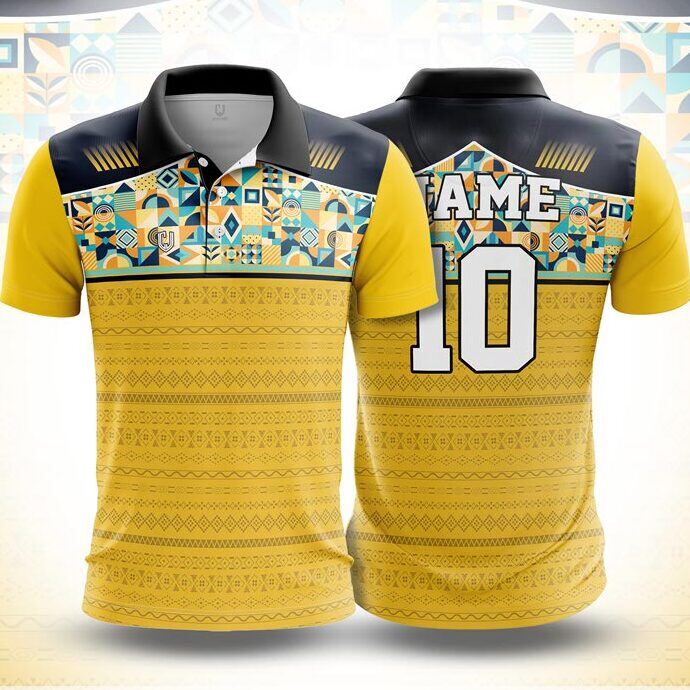 CJ25-37 polo neck jersey design in yellow, navy, teal, orange, front and back