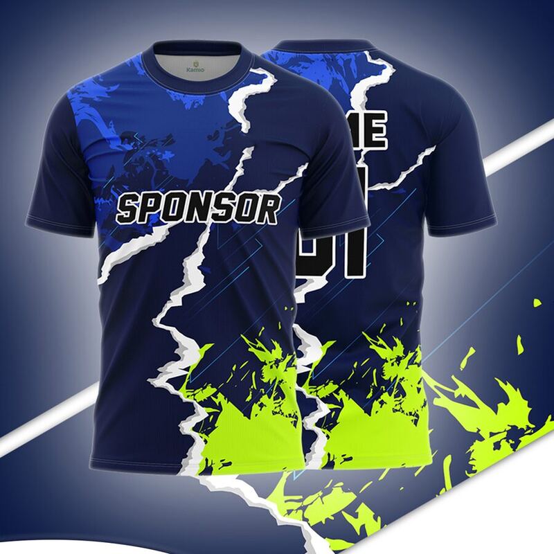 KO:M28 round neck jersey design in navy, blue, white, neon green, front and back