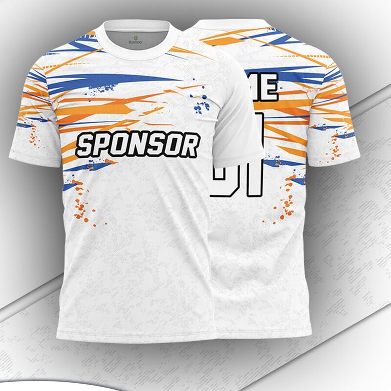KO:M20 round neck jersey design in white, orange, blue, front and back
