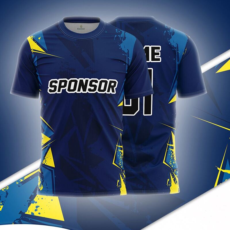KO:M18 round neck jersey design in navy, blue, yellow, front and back