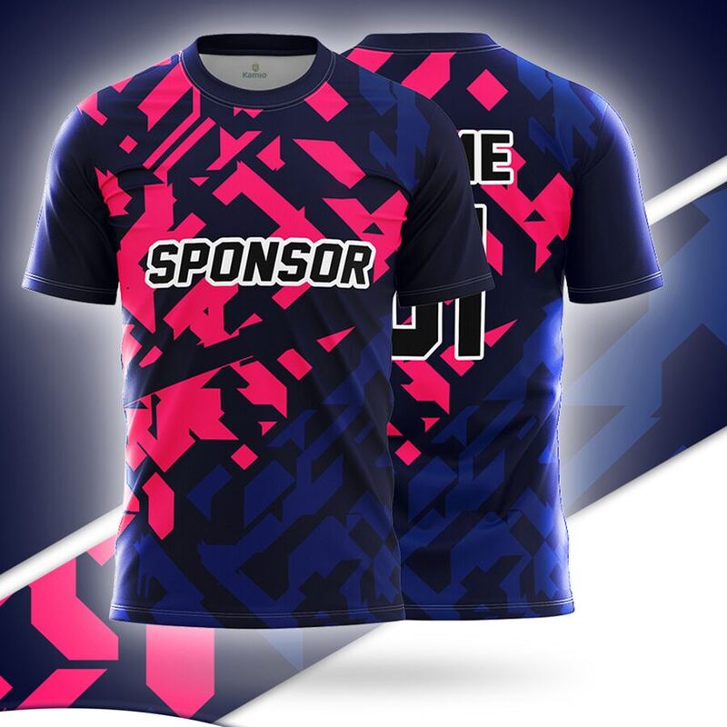 KO:M8 round neck jersey design in navy, hot pink, front and back