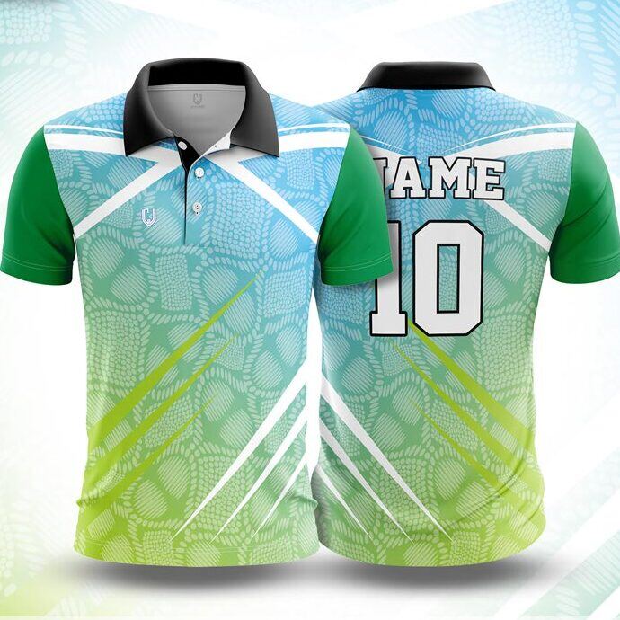 CJ25-57 polo neck jersey design in sky blue fading to lime green, green, front and back