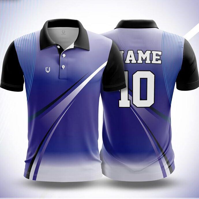 CJ25-50 polo neck jersey design in periwinkle blue, white, black, front and back