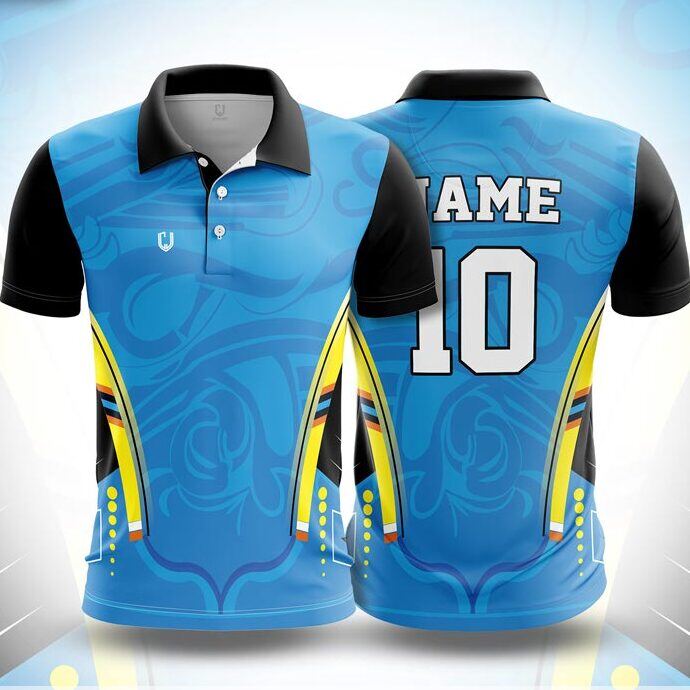 CJ25-19 polo neck jersey design in sky blue, black, yellow, front and back