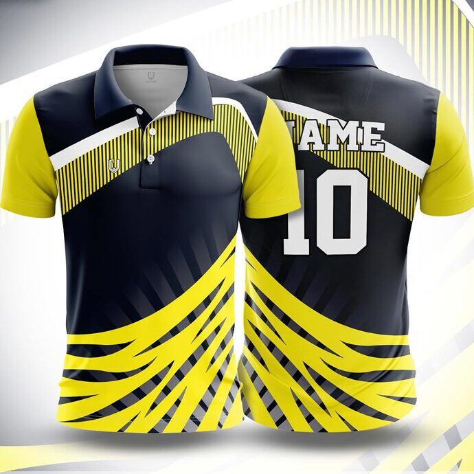 CJ25-35 polo neck jersey design in navy, yellow, white, front and back