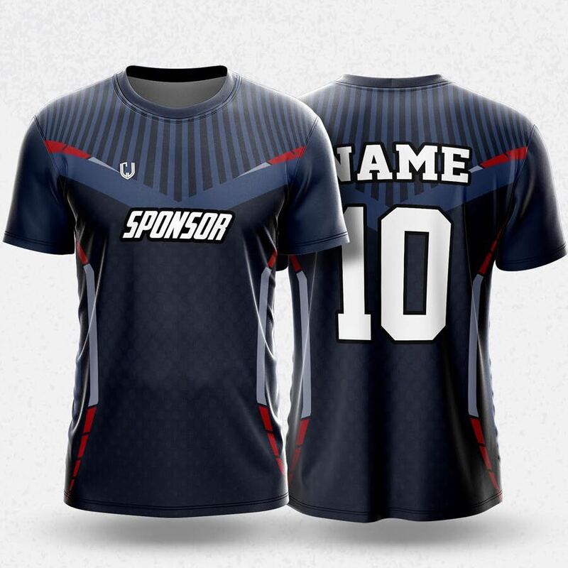 MR24-94R round neck jersey design in dark navy, white, red, front and back