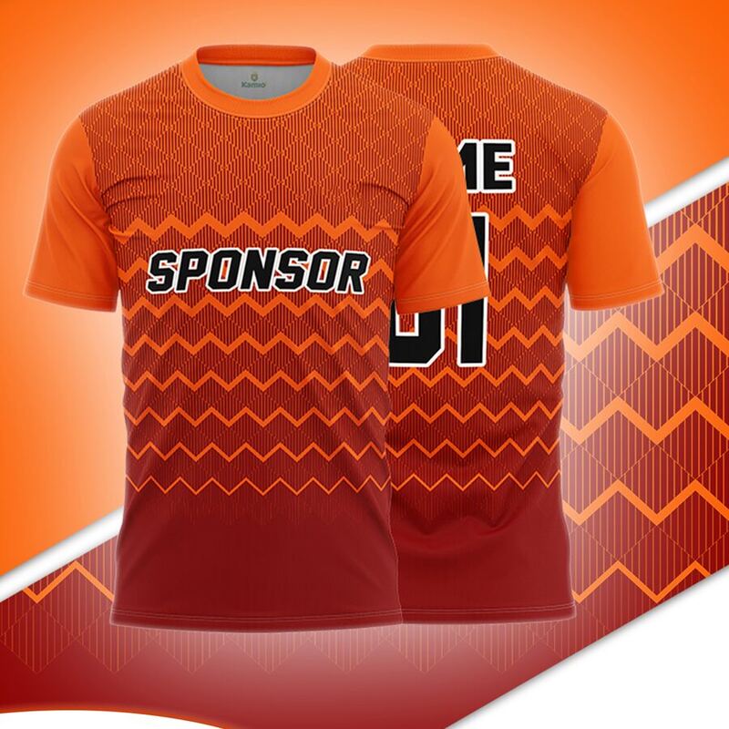 KO:M25 round neck jersey design in orange fading to maroon, front and back