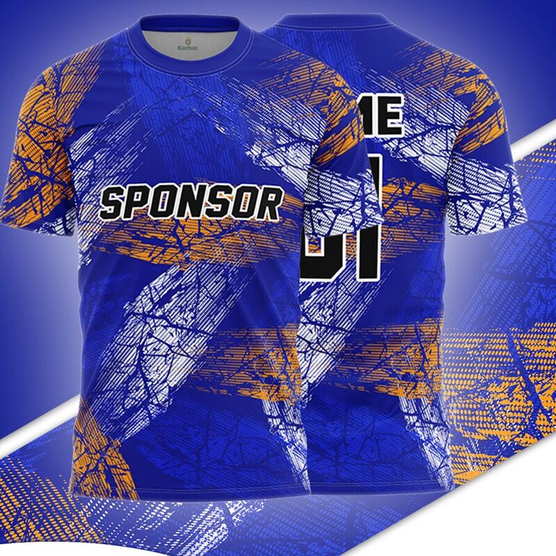 KO:M23 round neck jersey design in royal blue, white, orange, front and back