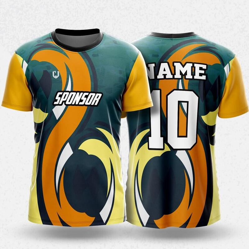MR24-67R round neck jersey design in dark green, orange, yellow, front and back