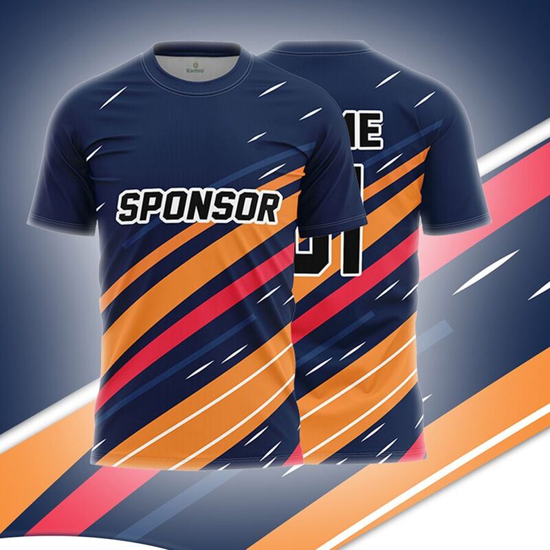 KO:M15 round neck jersey design in navy, orange, pink, front and back