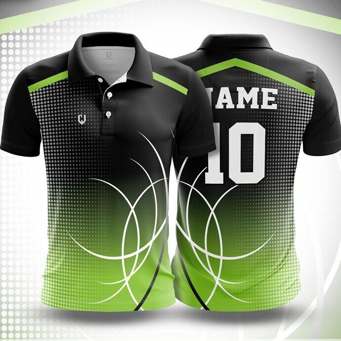 CJ25-54 polo neck jersey design in black, lime green, white, front and back
