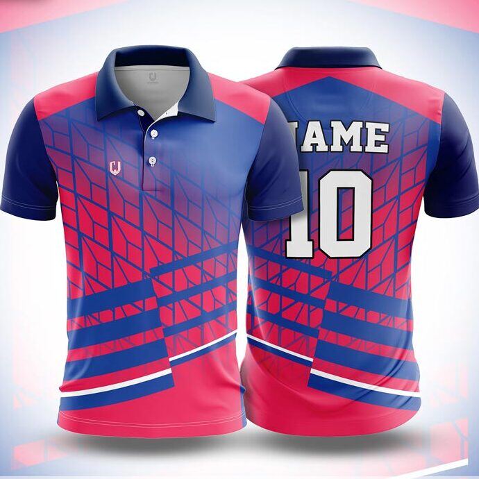 CJ25-45 polo neck jersey design in pink-red, royal blue, front and back