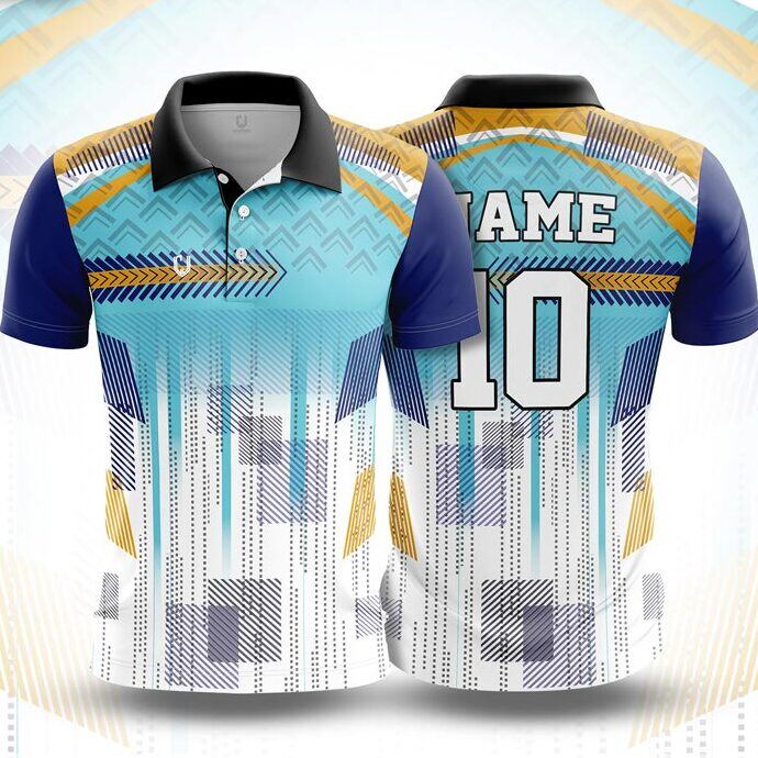 CJ25-36 polo neck jersey design in sky blue, white, gold, navy, front and back