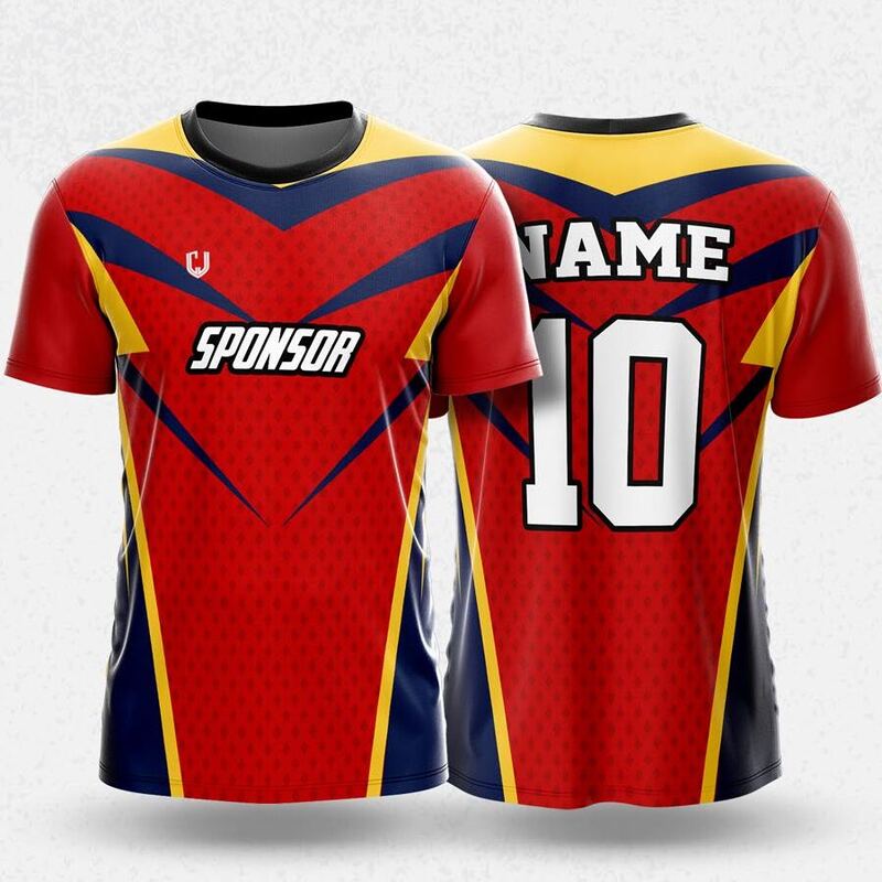 MR24-59R round neck jersey design in red, navy, yellow, front and back