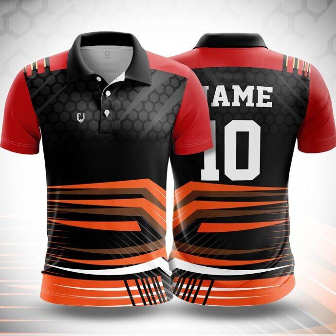 CJ25-10 polo neck jersey design in black, orange, red, front and back