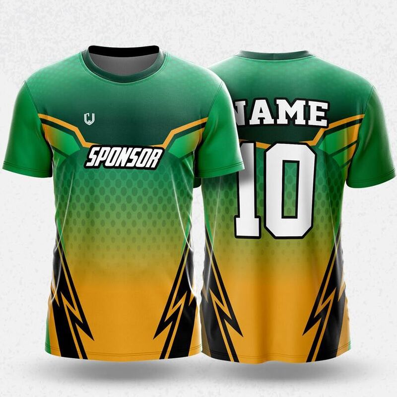 MR24-50R round neck jersey design in green fading to yellow-orange, black, front and back
