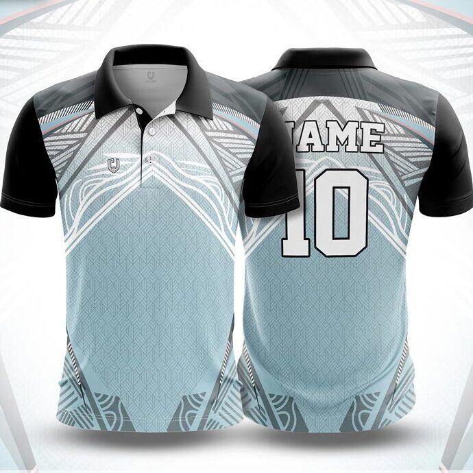 CJ25-9 polo neck jersey design in pale blue-grey, white, charcoal, front and back