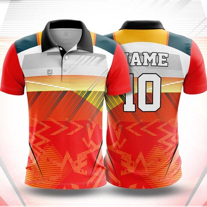 CJ25-23 polo neck jersey design in red, orange, yellow, white, dark teal, front and back