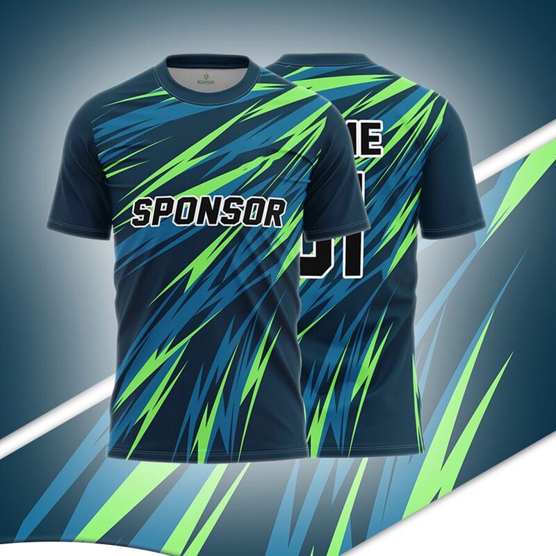 KO:M30 round neck jersey design in dark teal, neon green, blue, front and back