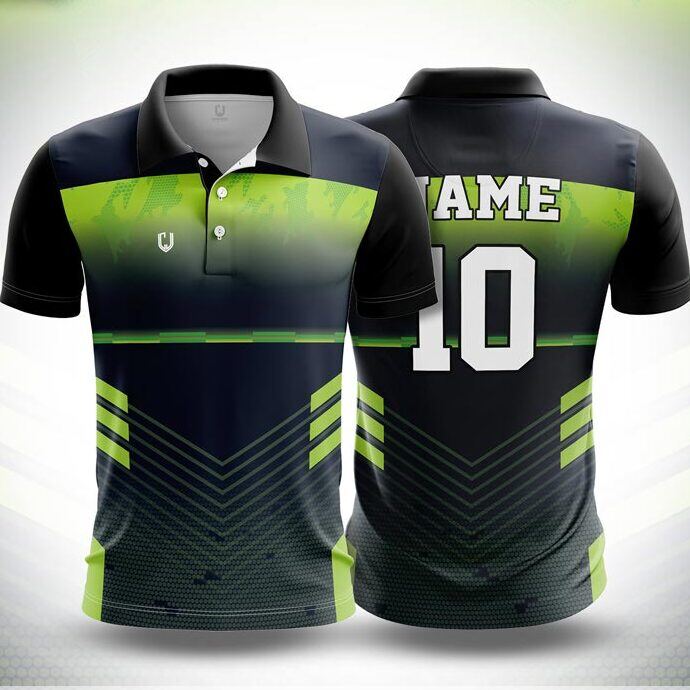 CJ25-46 polo neck jersey design in dark navy, neon green, front and back