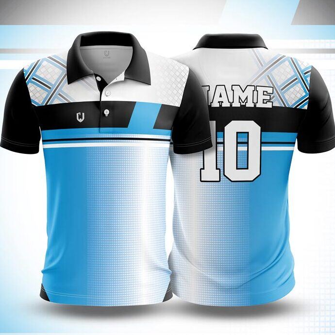 CJ25-5 polo neck jersey design in sky blue, white, black, front and back