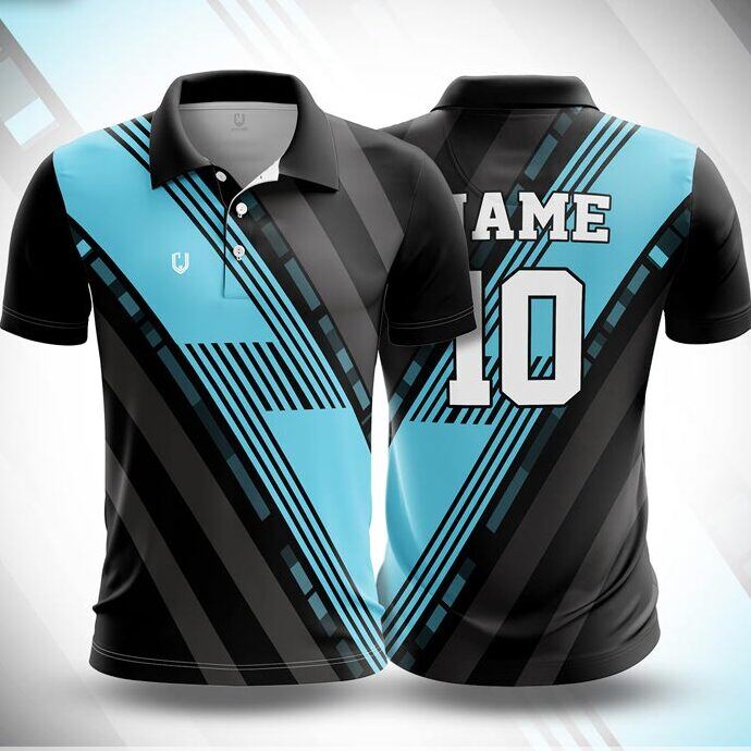 CJ25-31 polo neck jersey design in black, sky blue, front and back