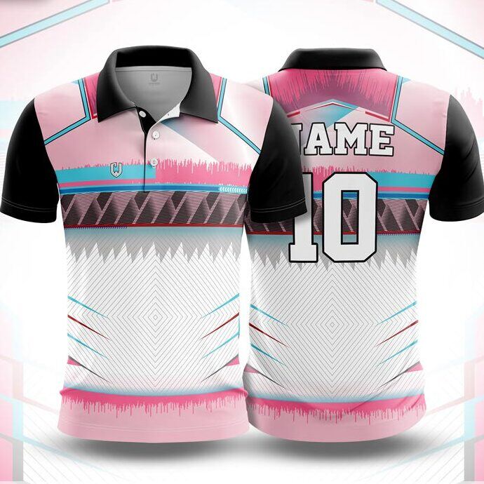 CJ25-56 polo neck jersey design in white, pink, cyan, grey, front and back