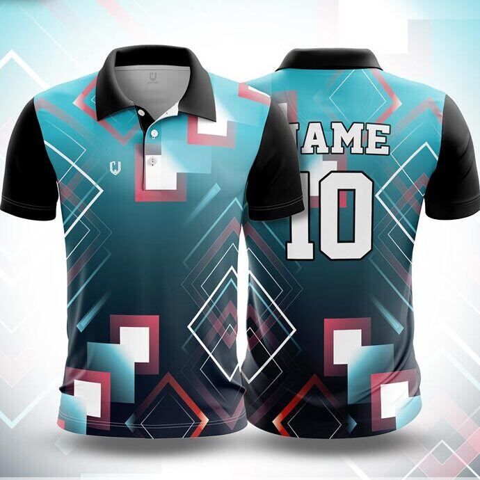 CJ25-28 polo neck jersey design in teal fading to navy, coral, white, front and back
