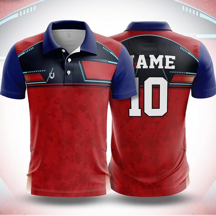 CJ25-47 polo neck jersey design in red, navy, royal blue, cyan, front and back