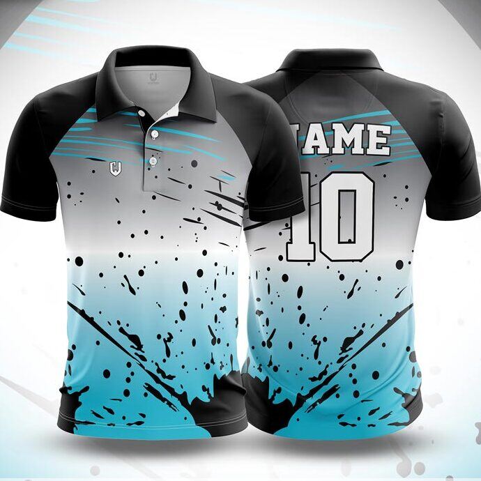 CJ25-16 polo neck jersey design in white, aqua, black, front and back
