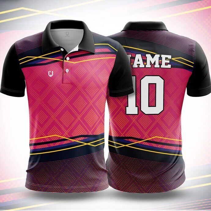 CJ25-38 polo neck jersey design in magenta, maroon, black, yellow, front and back