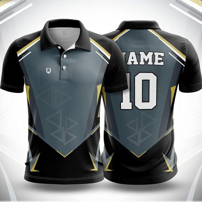 CJ25-12 polo neck jersey design in slate grey, black, gold, front and back