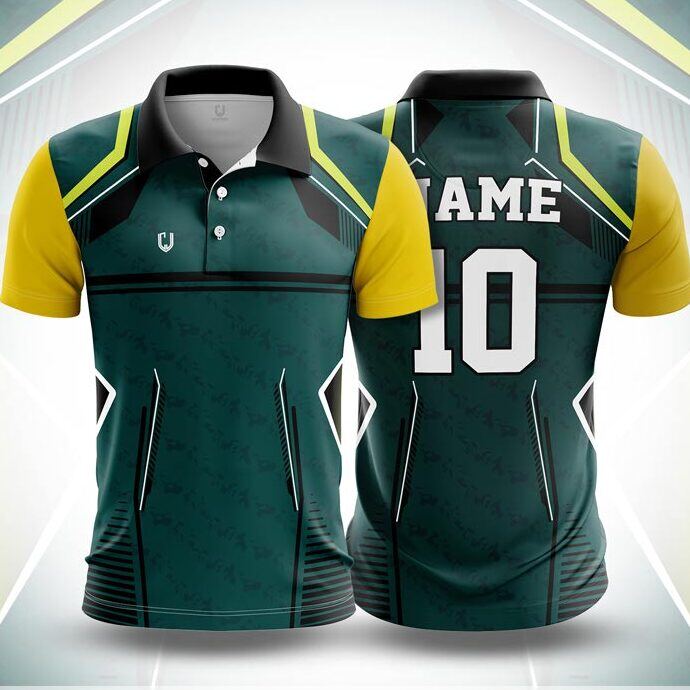 CJ25-6 polo neck jersey design in dark green, yellow, front and back