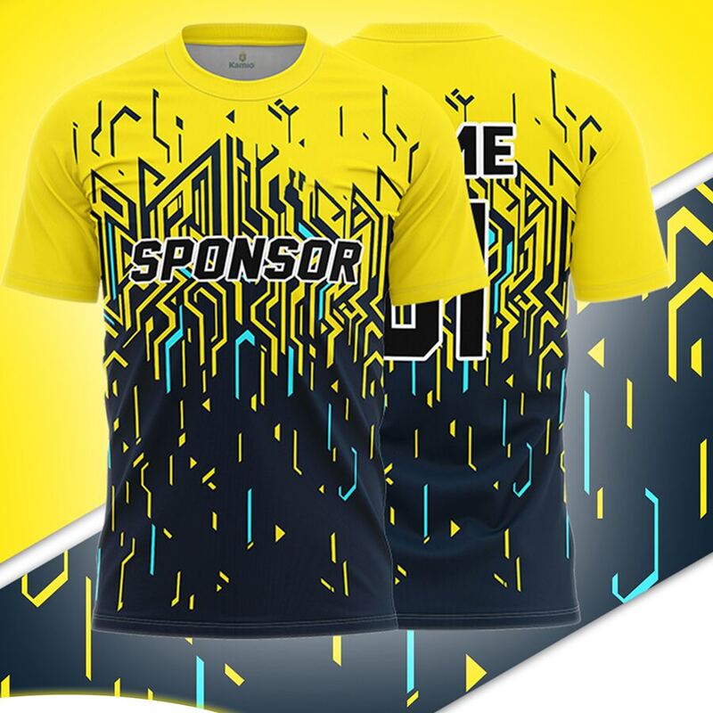 KO:M24 round neck jersey design in yellow, navy, cyan, front and back