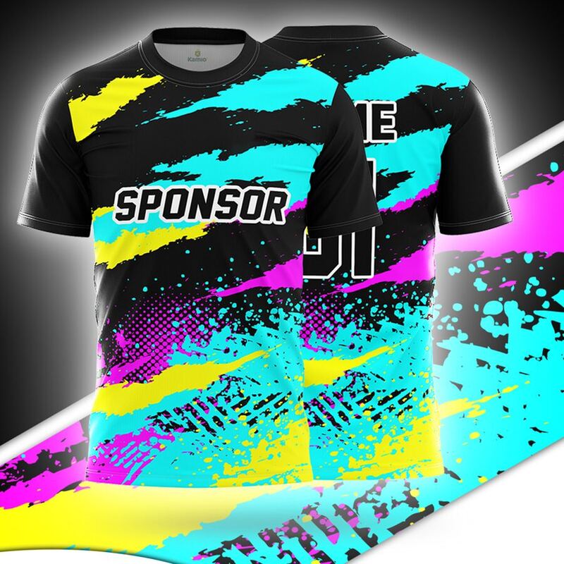 KO:M10 round neck jersey design in black, cyan, magenta, yellow, front and back