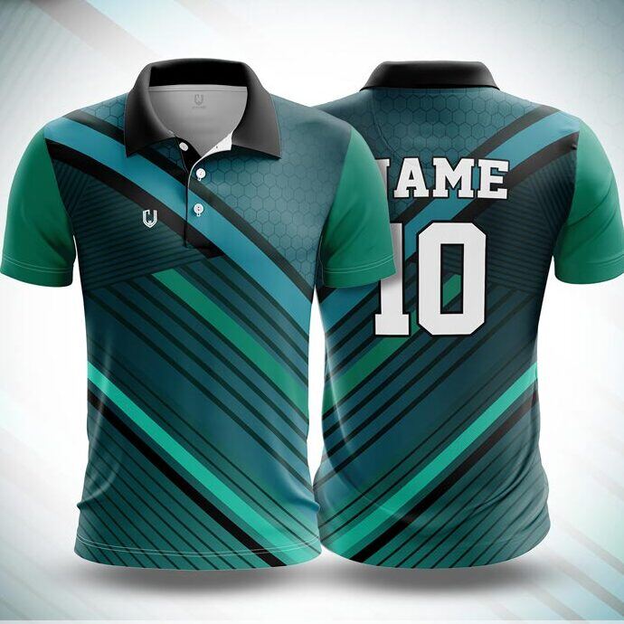 CJ25-42 polo neck jersey design in dark teal, green, front and back